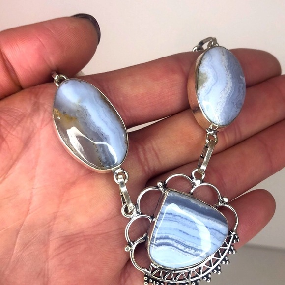 Sterling Silver 925 Lace Agate Gemstone Necklace - Picture 4 of 12